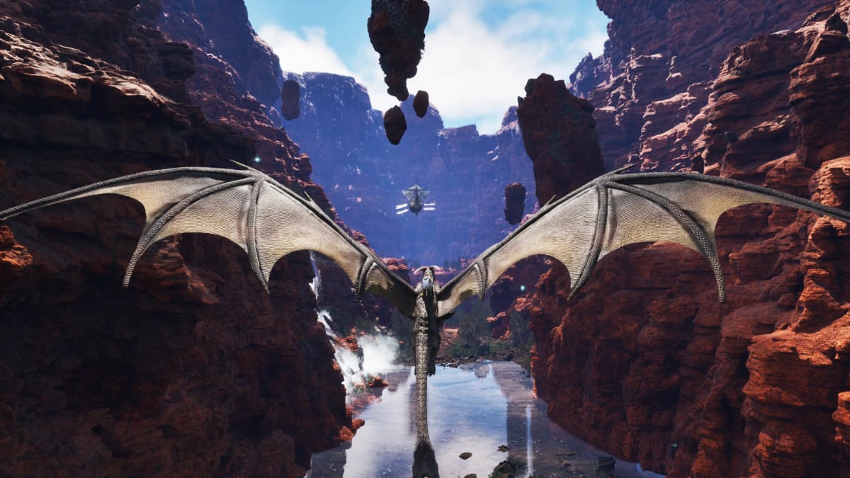 Sagas of Lumin gameplay, with a dragon and its rider flying through a red rock canyon toward floating rocks