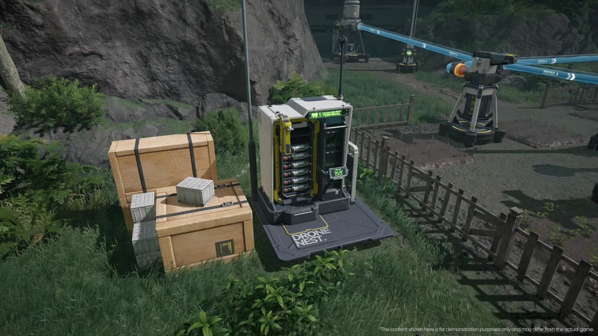 A Drone Nest terminal beside stacked crates and blue transport lines in a rocky, grassy area of Arknights: Endfield.