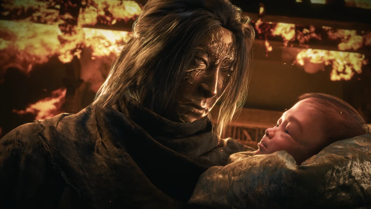Phantom Blade Zero character wearing an ornate metal mask holds a baby inside a burning building.