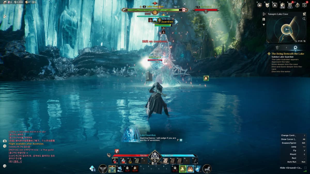 A Sorcerer casts spells at the Lake Guardian in AION 2’s Tunapre Lake Cave, standing in shallow water beneath towering blue crystals.