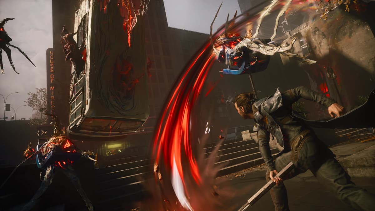 CONTROL Resonant gameplay showing Dylan Faden fighting airborne distorted enemies with a melee weapon in warped Manhattan.