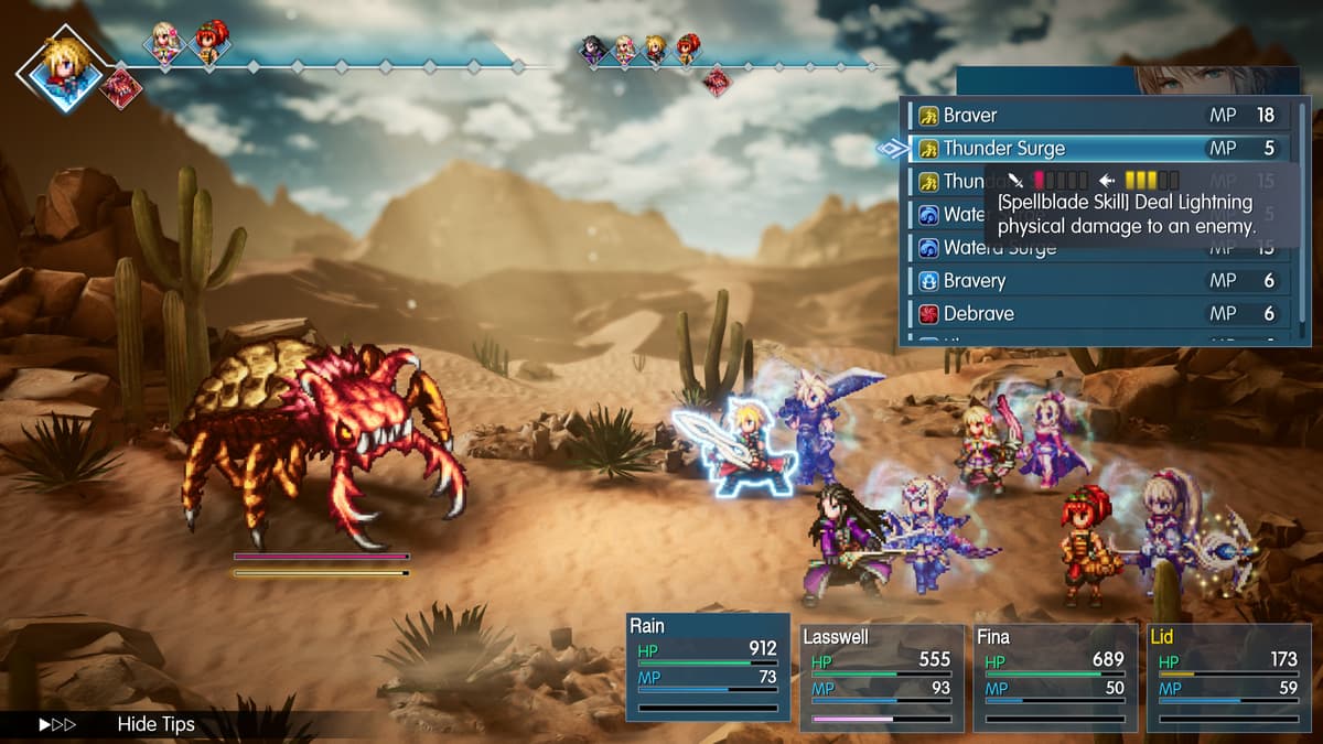 FINAL FANTASY RESONANCE turn-based battle in HD-2D style, with the party facing a giant desert creature and the skill menu open