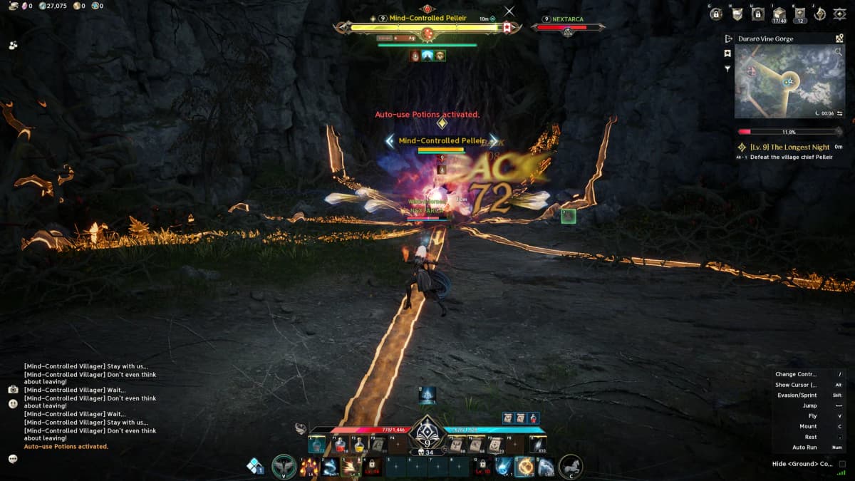 A Sorcerer battles Mind-Controlled Pelleir in AION 2’s Duraro Vine Gorge, with glowing orange attack lines spreading across the rocky ground.