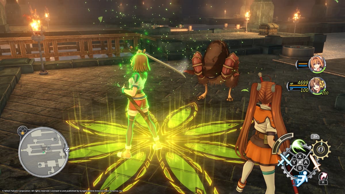 Trails in the Sky 2nd Chapter battle, with two party members casting a glowing green spell at an enemy in a torchlit courtyard