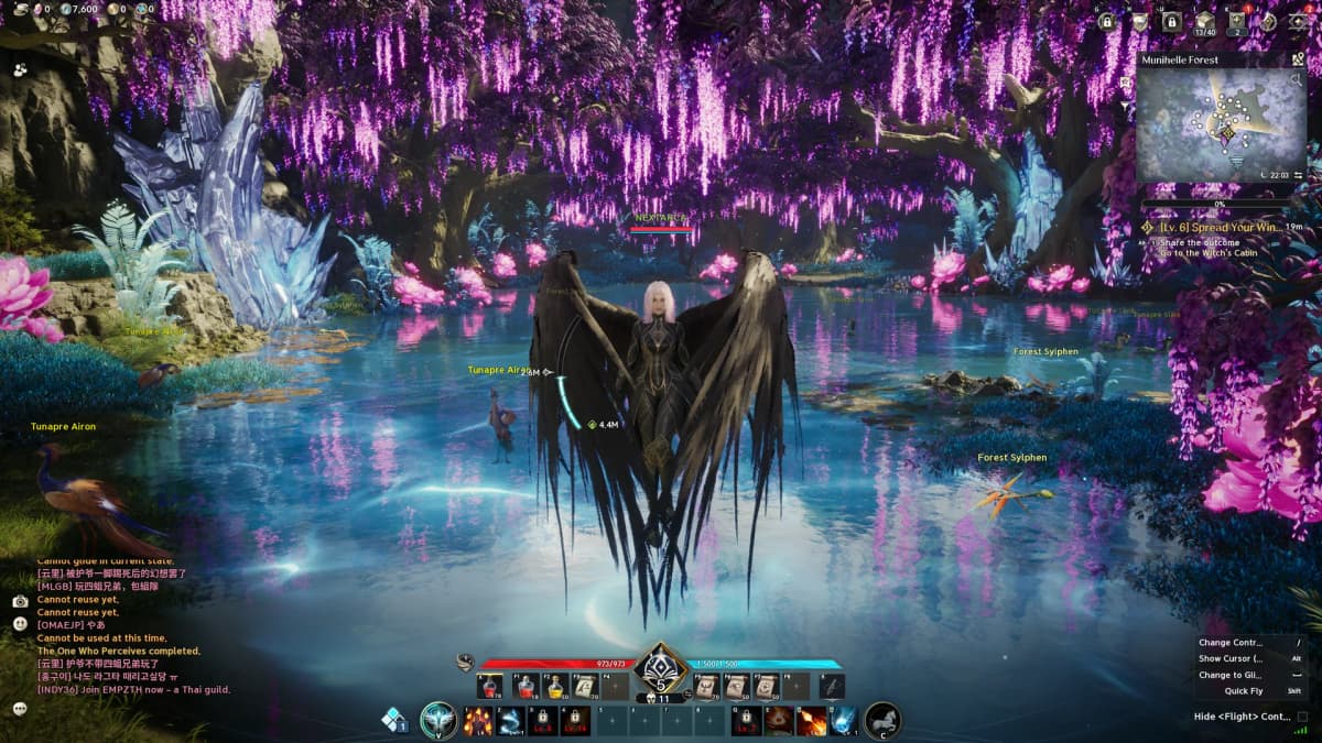 A Sorcerer faces the Lake Guardian in AION 2’s Tunapre Lake Cave, surrounded by blue water and towering glowing crystals.