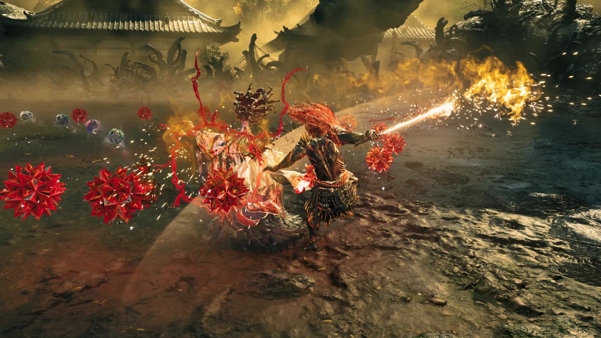 Miyamoto Musashi holds his sword amid the supernatural streets of Kyoto in Onimusha: Way of the Sword.