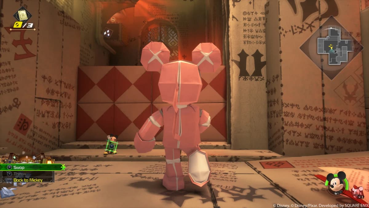 Kingdom Hearts IV gameplay screenshot of a pink, blocky character in a chamber covered with symbols, facing a patterned wall. The HUD shows a minimap and a “Back to Mickey” objective.
