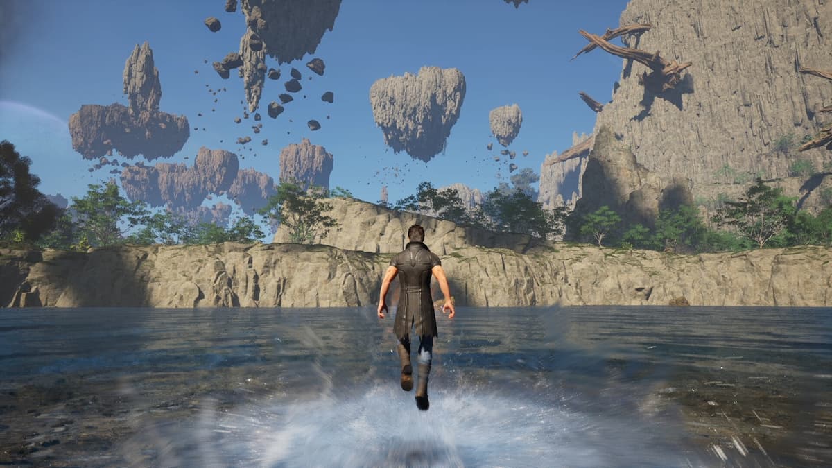 UNDEFEATED: Genesis gameplay, with the hero skimming across water toward cliffs and floating islands