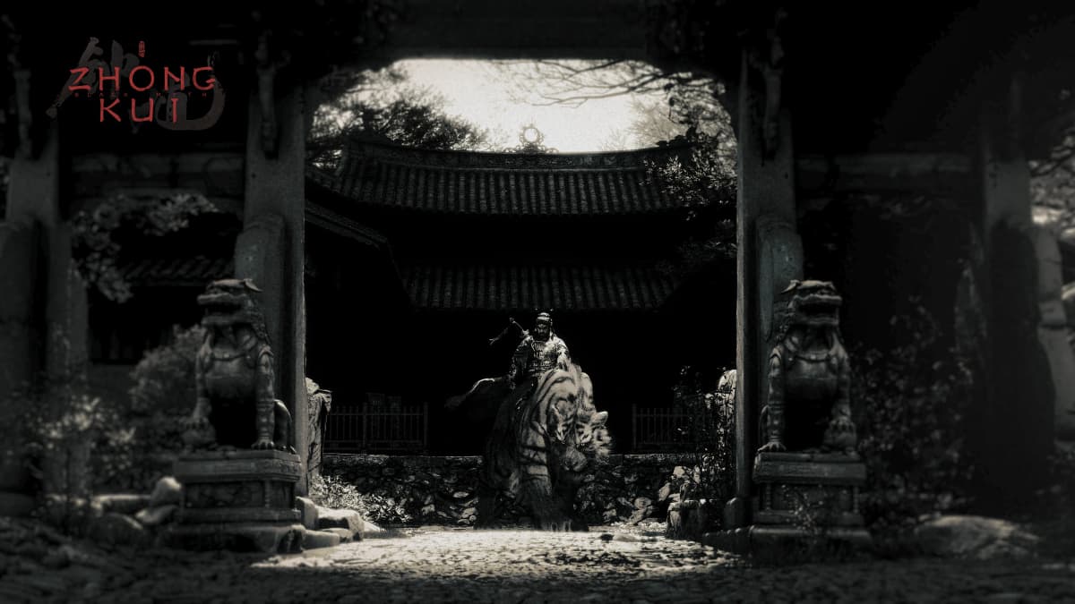 Black Myth: Zhong Kui artwork showing a warrior riding a tiger through an ancient temple gate in a dark monochrome setting.
