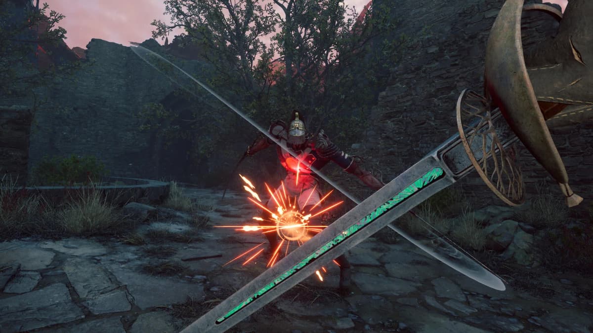 First person sword combat in Valor Mortis, with sparks flying as blades clash with an armored enemy among overgrown stone ruins.