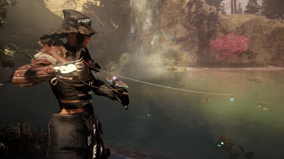 Soulframe character fishes beside a waterfall and glowing pond in a lush fantasy landscape.