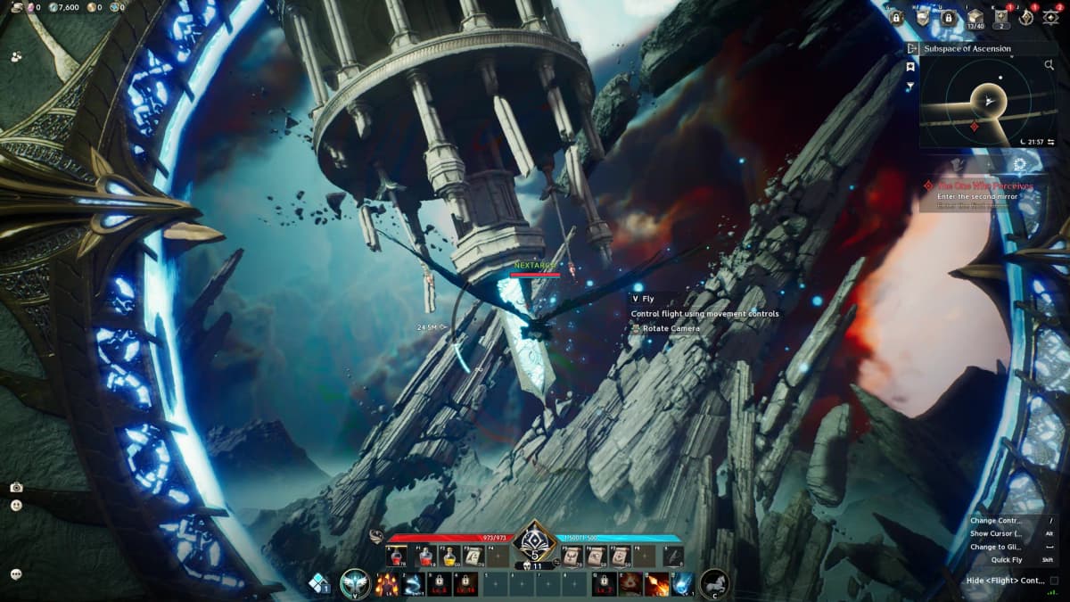 A winged Sorcerer flies among floating stone ruins within a glowing blue ring in AION 2’s Subspace of Ascension.