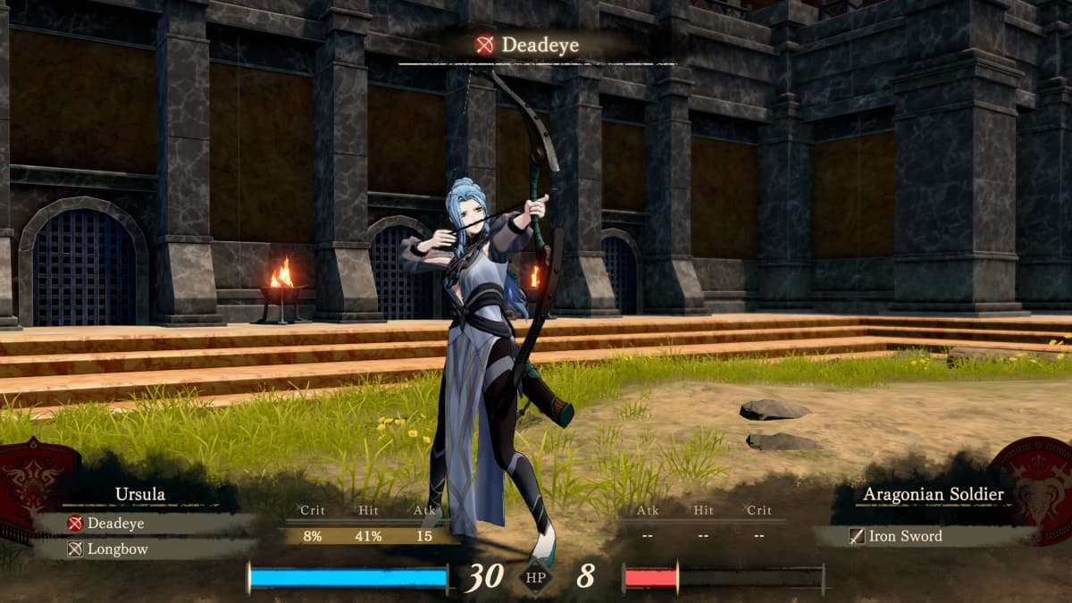 Ursula aims her longbow at an Aragonian soldier in a stone courtyard as the Deadeye combat ability and battle stats appear on screen.