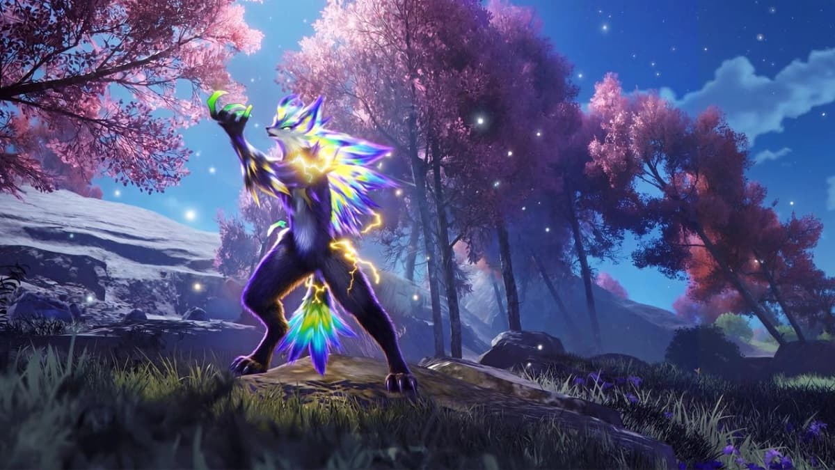 Aniimo creature with glowing multicolored fur stands beneath pink trees in a bright fantasy landscape.