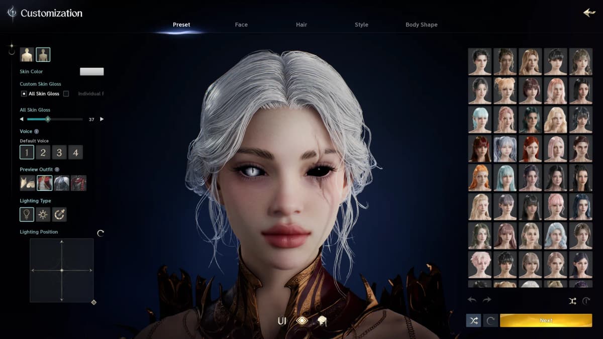 AION 2’s character creation screen showing a character with white hair and a facial scar, alongside appearance presets and customization options.