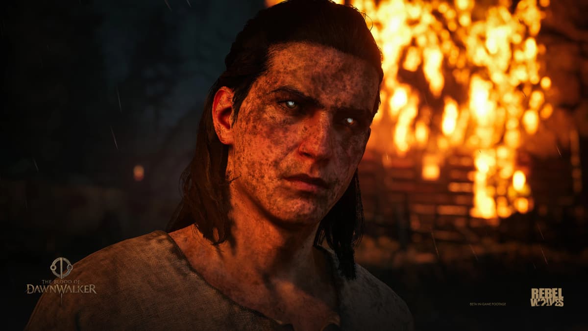 Coen, the pale-eyed protagonist of The Blood of Dawnwalker, looks ahead as a building burns behind him.