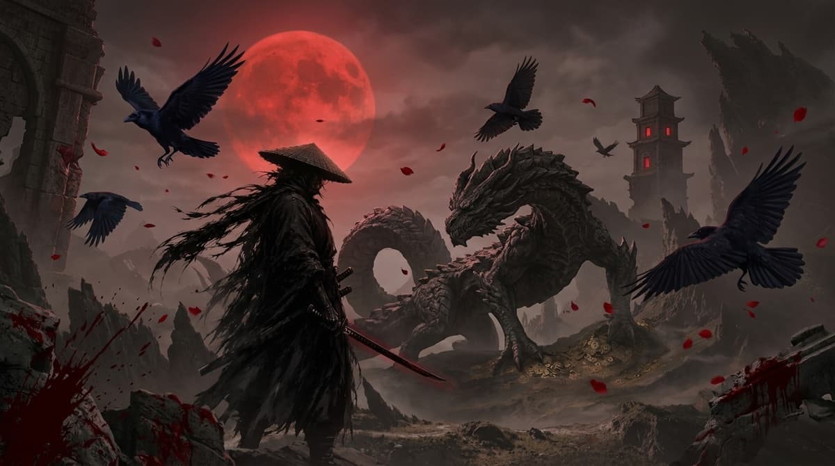 Dark soulslike fantasy scene under a giant red blood moon featuring a samurai in a tattered black kimono facing a stone-scaled dragon, with black ravens and red petals floating in the air.
