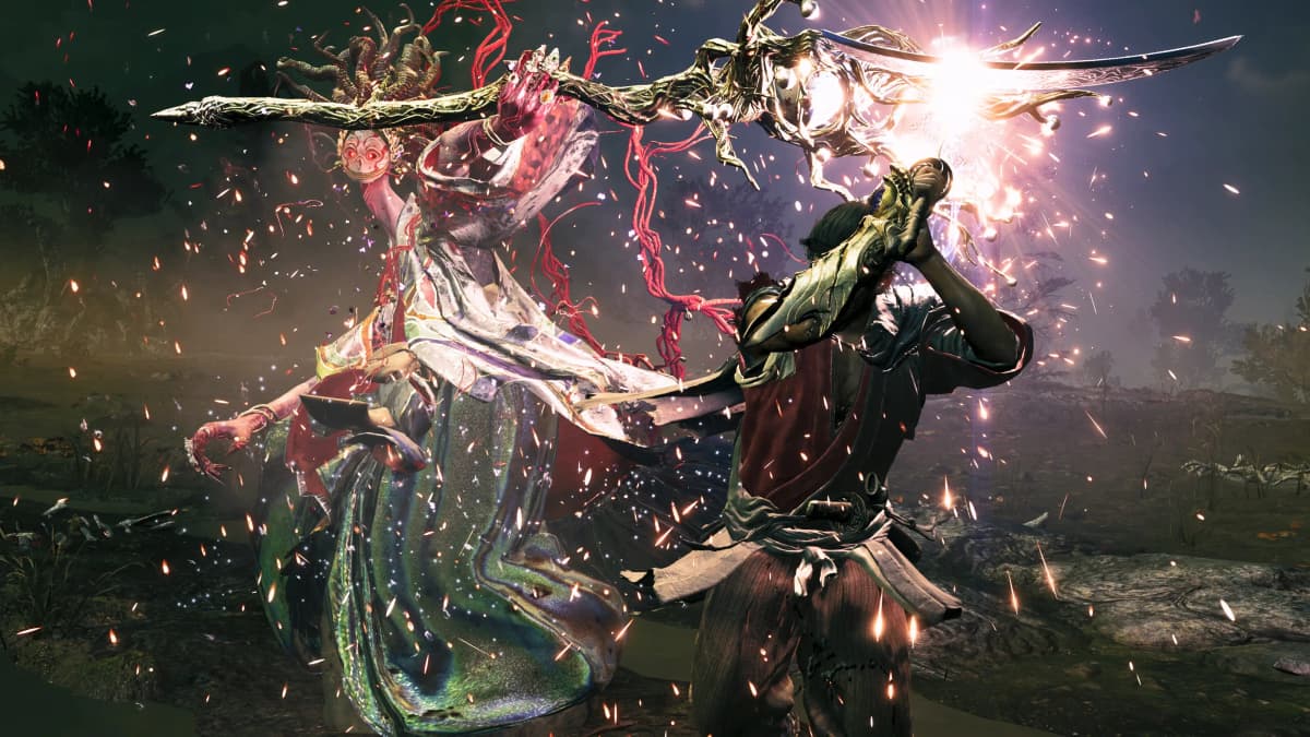 A samurai blocks a towering, white-robed demon’s massive blade as their weapons clash in a shower of sparks over a dark marsh.
