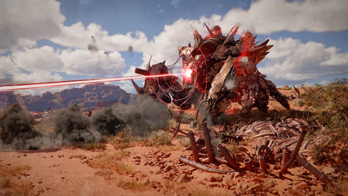 A giant four legged machine fires a red energy beam across a dusty desert battlefield in Crimson Desert.