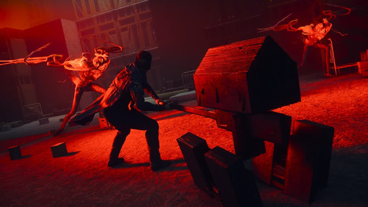 CONTROL Resonant gameplay showing Dylan Faden in melee combat against two distorted enemies inside a red lit Manhattan environment.