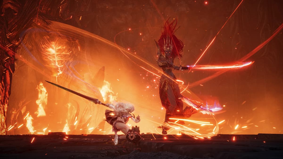 AION 2 screenshot showing a white-haired fighter facing a towering armored enemy with glowing red blades in a fiery arena.