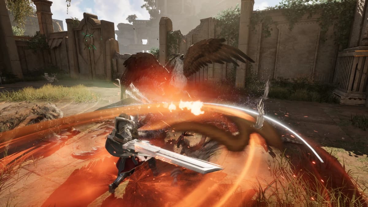 An armored warrior swings a greatsword at a large winged beast in a ruined courtyard, surrounded by a bright orange arc of energy.