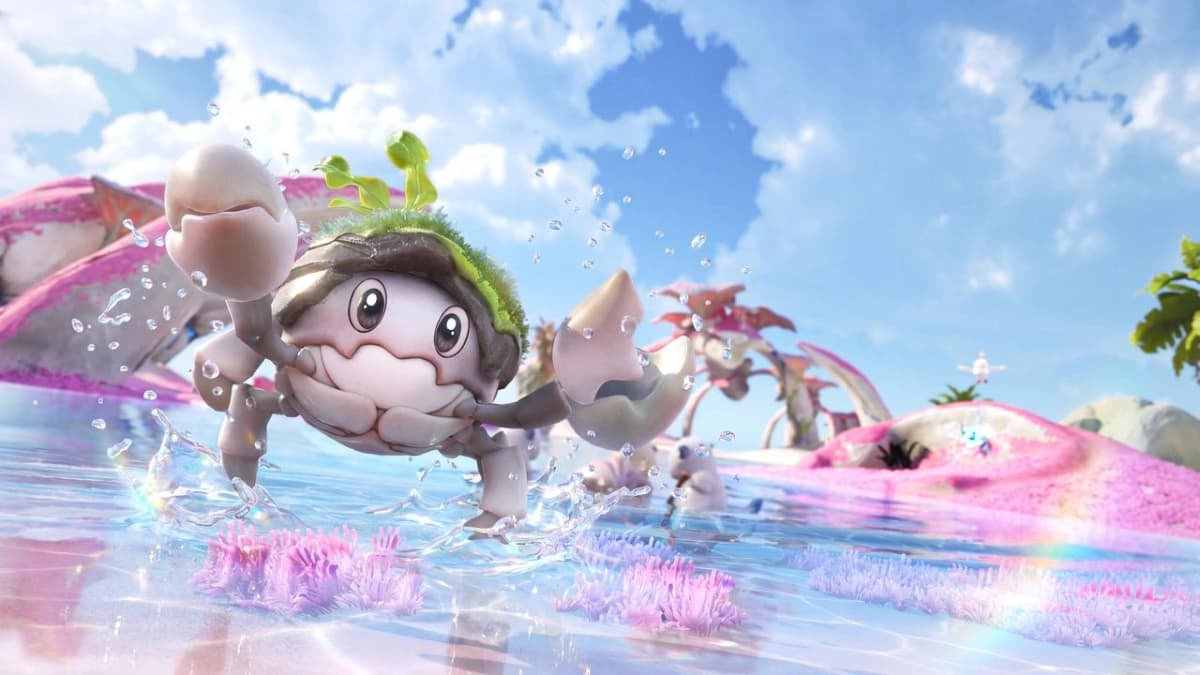 Budclaw, a leafy crablike Aniimo, splashes through shallow water beside pink coral.