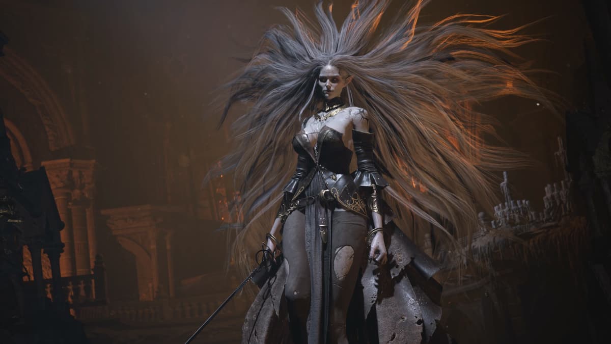 A pale, white-haired woman in ornate dark armor stands in a shadowy ruined hall, her long hair streaming outward as she holds a sword at her side.