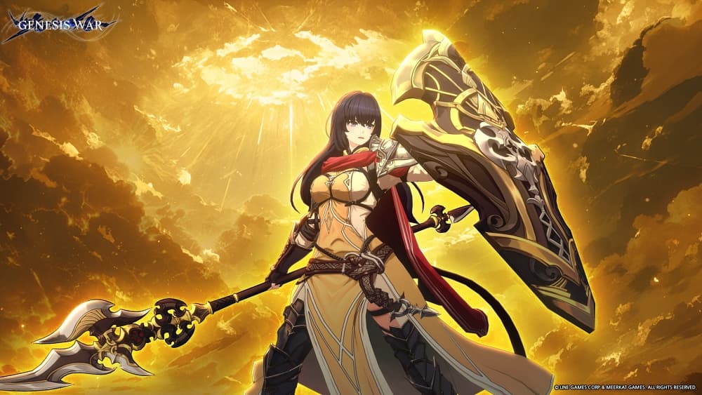 Isabele Lipnetz holds an ornate spear and a large shield against a glowing golden sky in Genesis War.