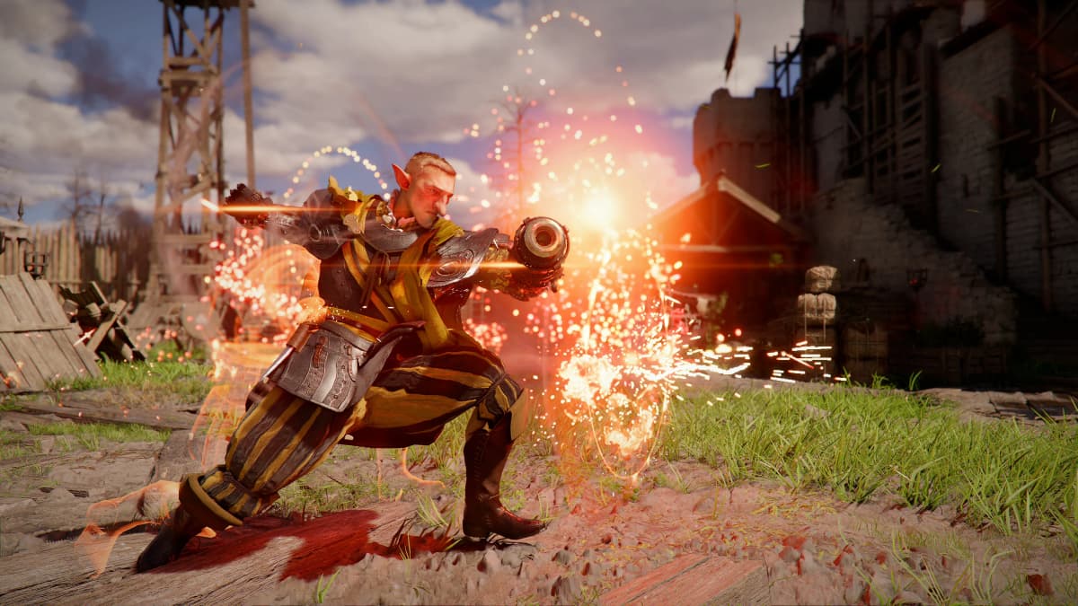 A fighter in yellow striped armor lunges forward and fires a hand cannon, throwing sparks and flame across a grassy fort courtyard in Crimson Desert.