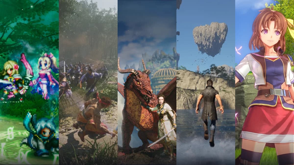 a pixel-art battle, a warrior beside a red dragon, a man facing a floating island, and an anime-style girl portrait.