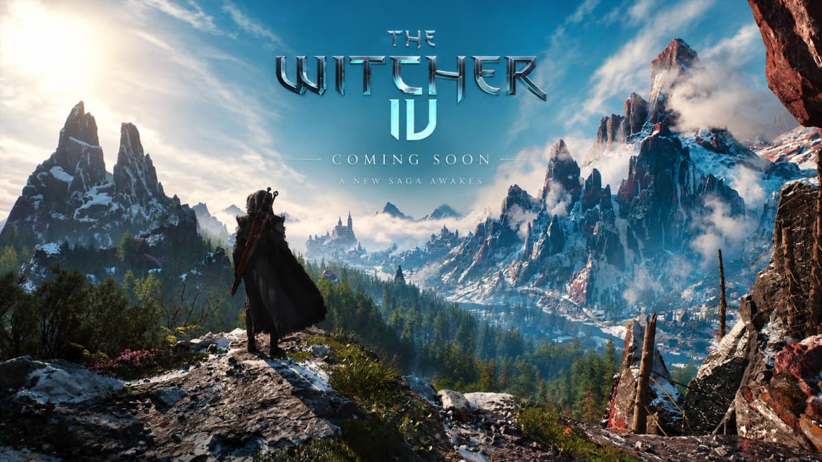A lone monster hunter overlooking snowy mountains and a distant medieval city in a dark fantasy landscape for The Witcher 4.
