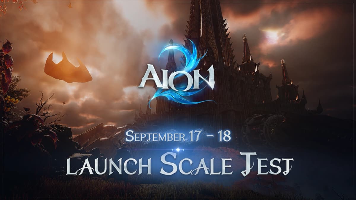 AION 2 character overlooks a massive gothic fortress beneath an orange sunset sky.