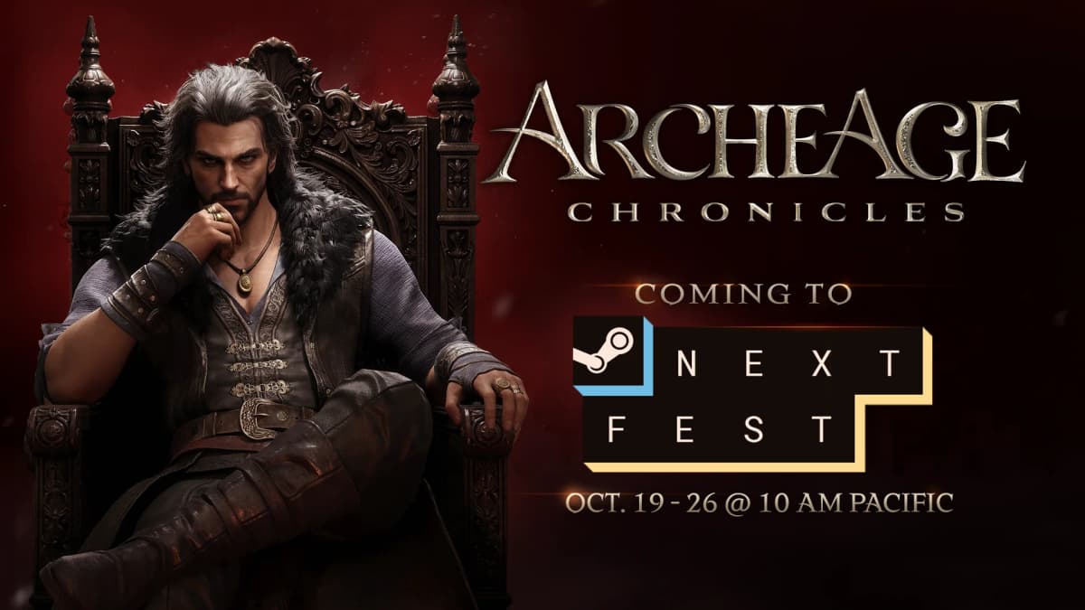 A dark-haired man sits on an ornate throne beside the ArcheAge Chronicles logo and a Steam Next Fest banner listing October 19 to 26 at 10 a.m. Pacific.