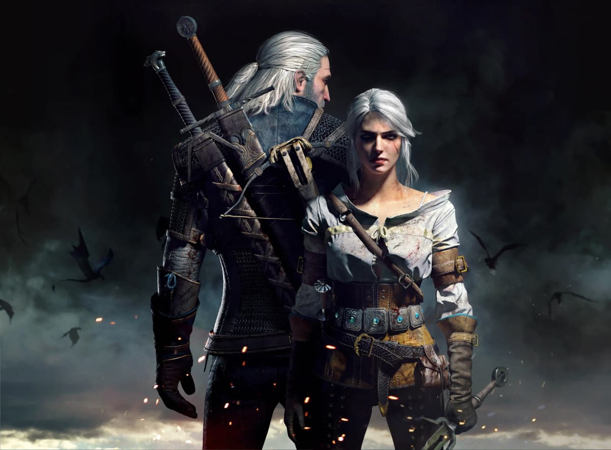 Geralt stands turned away behind Ciri, who faces forward in battle-worn clothes against a smoky, shadowy backdrop.