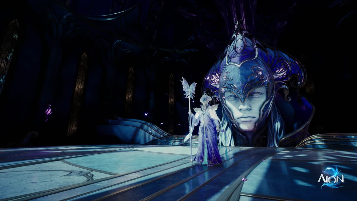 AION 2 fantasy artwork showing a white-robed figure before a colossal blue-armored face in a dark, ornate hall, with glowing butterflies and the AION logo in the lower-right corner.