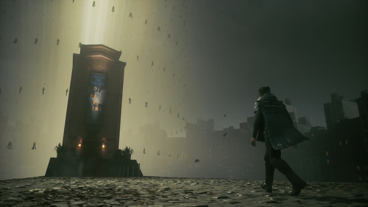 Dylan Control Resonant, in a dark coat approaches a tower bearing a “Follow the Voices” poster as small figures float above a foggy city.