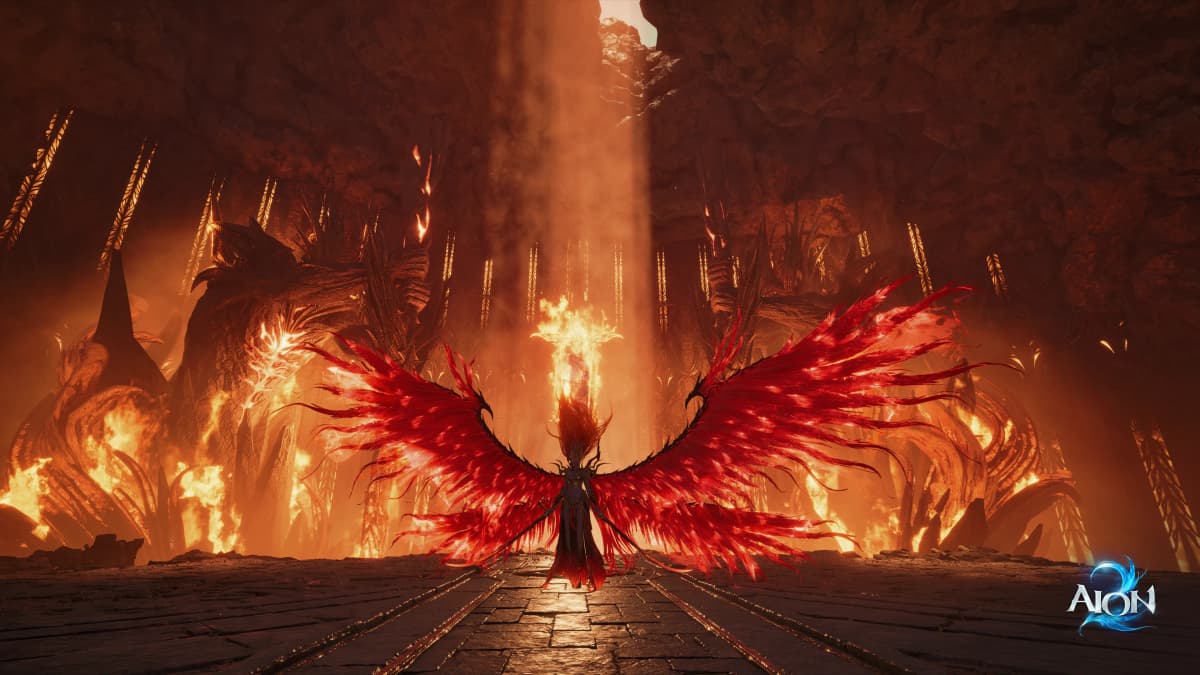 AION 2 character with massive red wings stands inside a fiery cavern surrounded by towering demonic structures.