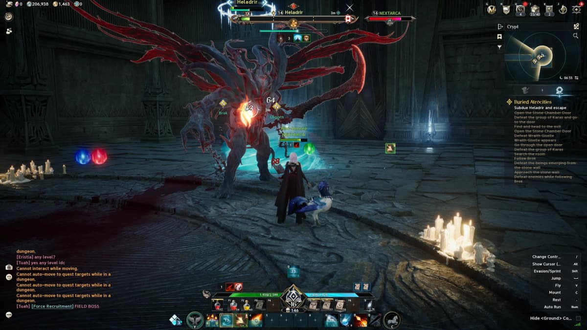 A Sorcerer battles Heladrir, a towering creature with red wing-like appendages, inside AION 2’s candlelit Crypt.