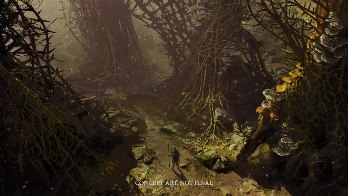 Ruined structures and a corrupted landscape shown in Diablo V environmental concept art.
