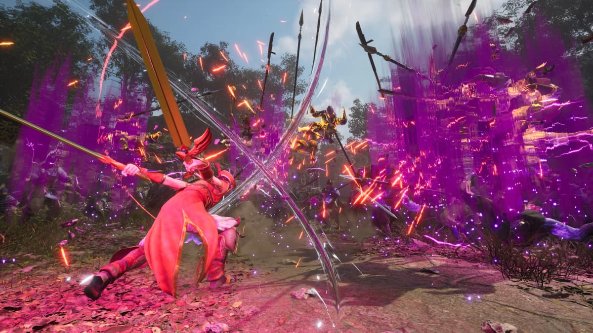 DYNASTY WARRIORS 3: Complete Edition Remastered combat, with an officer in red swinging a spear through enemy soldiers in a burst of purple energy