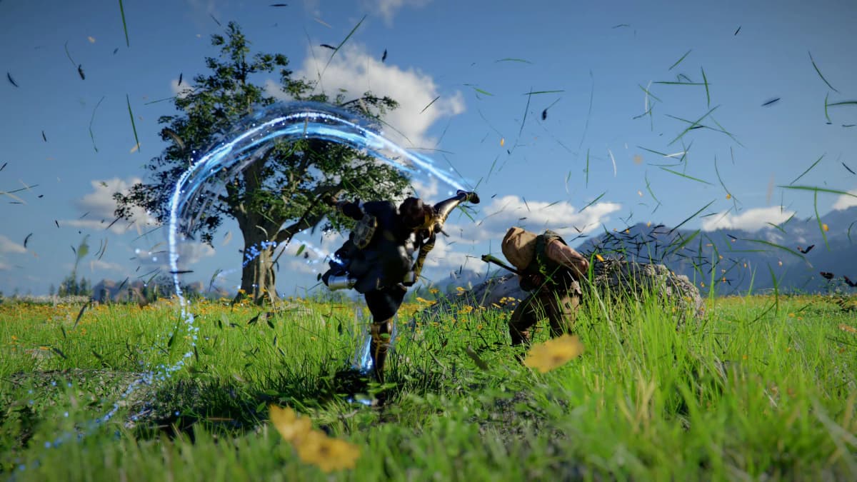 A warrior performs a spinning attack with a glowing blue trail against an enemy in a grassy field in Crimson Desert.