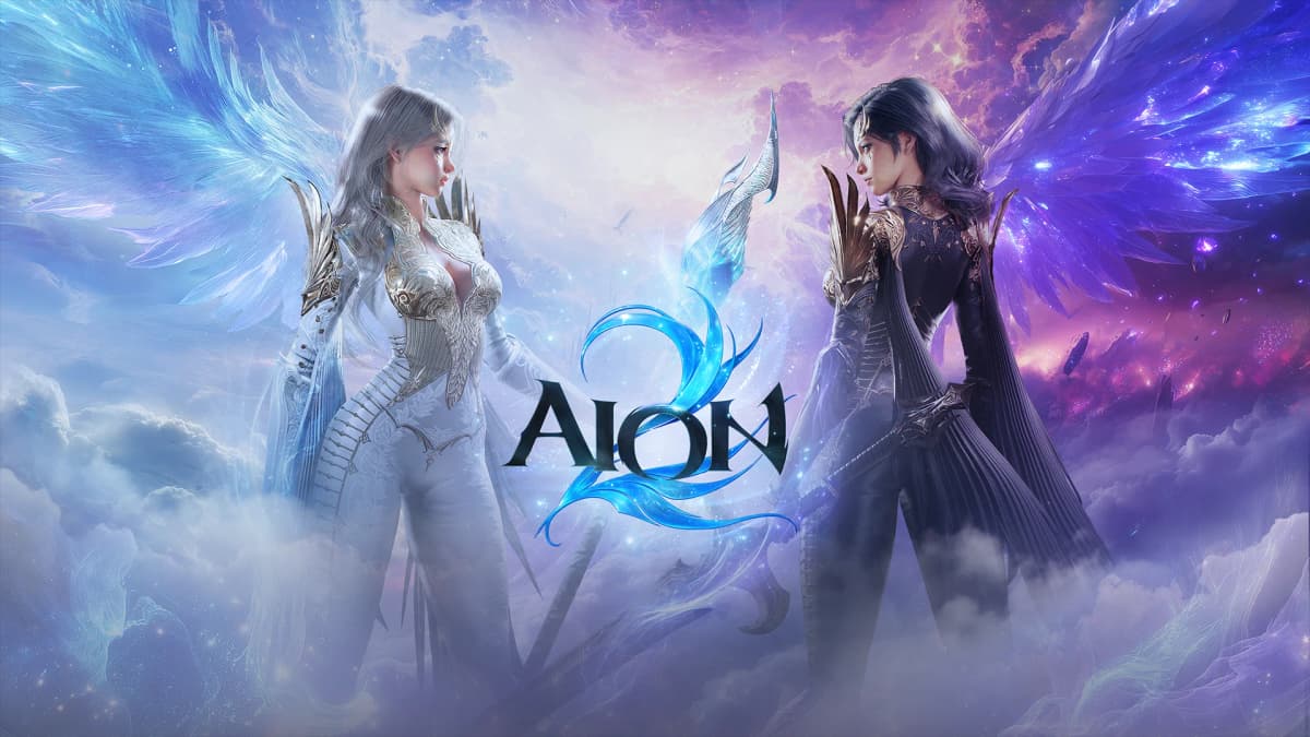 AION 2 key art with two mirrored heroines facing each other, one in silver and blue and one in violet and gold, the AION 2 logo between them and armed allies on each side.