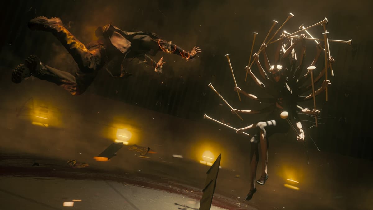 CONTROL Resonant scene showing a giant distorted woman’s head floating among debris as Dylan Faden moves through a warped environment.