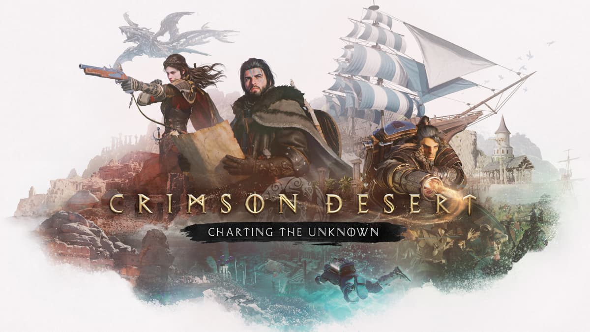 Crimson Desert: Charting the Unknown artwork showing three characters beside a sailing ship, with a dragon overhead and a diver underwater.