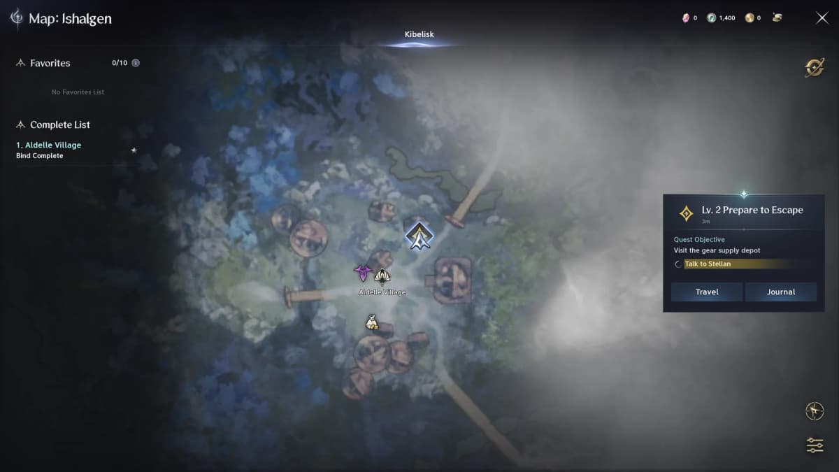 AION 2’s Ishalgen map showing Aldelle Village and the selected “Prepare to Escape” quest, with its objective and Travel button.