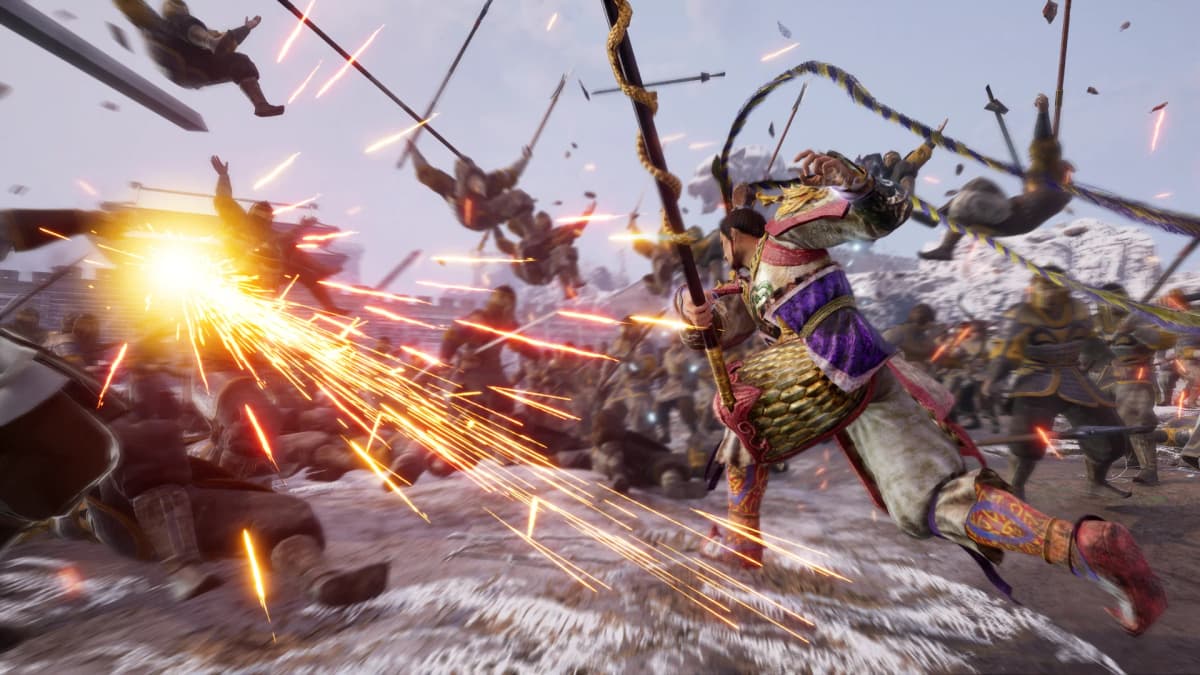 Lu Bu swings his weapon through enemy soldiers in DYNASTY WARRIORS 3: Complete Edition Remastered, sending fighters flying across the battlefield.