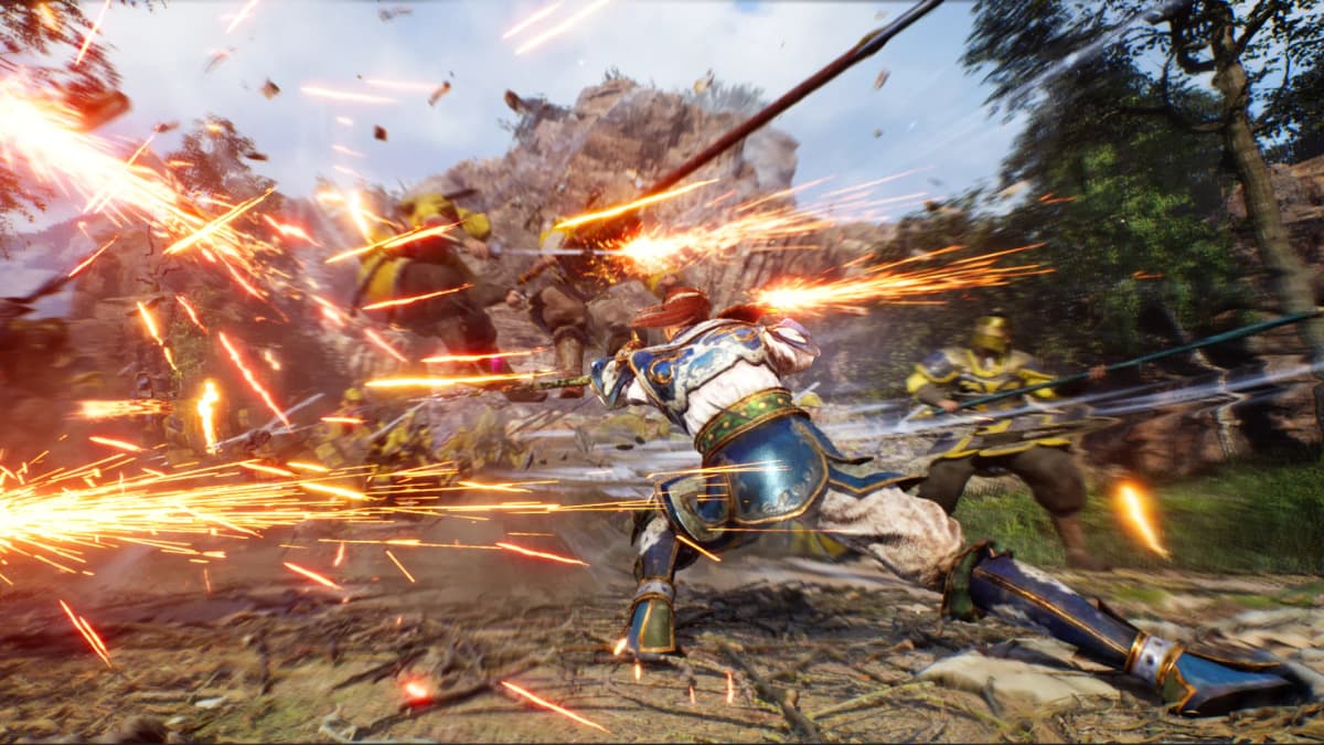 Dynasty Warriors 3: Complete Edition Remastered gameplay showing Zhao Yun attacking multiple soldiers with a spear as sparks fly across the battlefield.