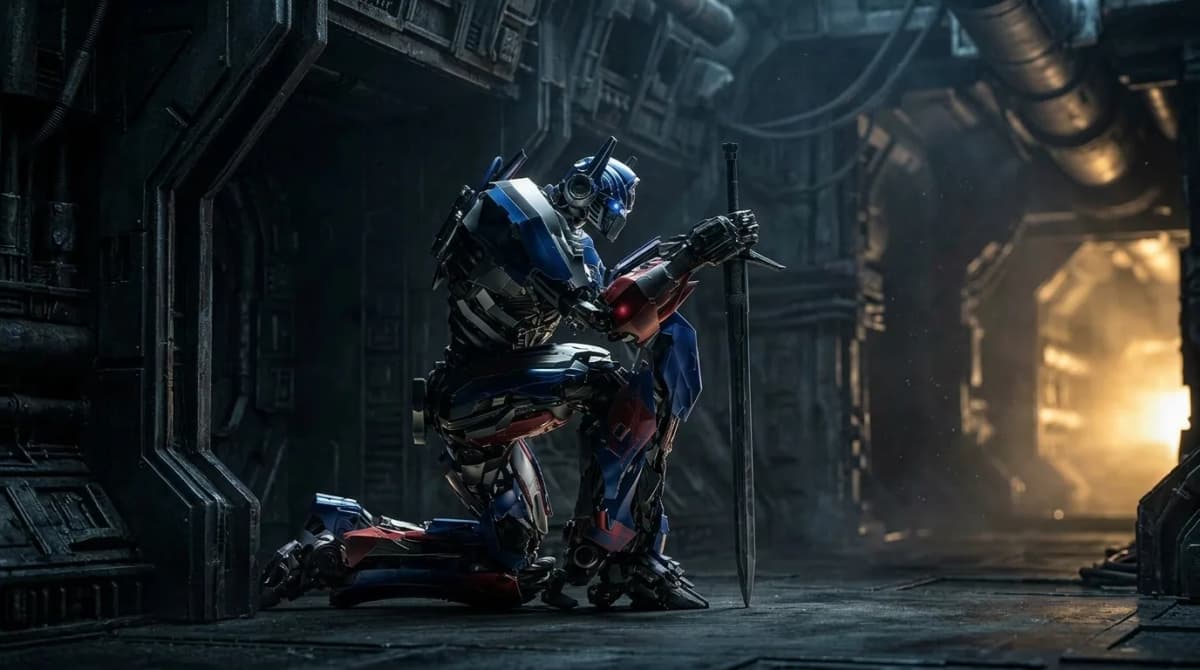 A wide cinematic shot of a red, blue, and silver robot resembling Optimus Prime kneeling in a dark, metallic, industrial corridor. The robot is holding a large broadsword vertically with both hands, its tip resting on the ground. A bright, warm light spills from an opening in the background on the right, creating a stark contrast against the dimly lit, highly detailed mechanical surroundings.