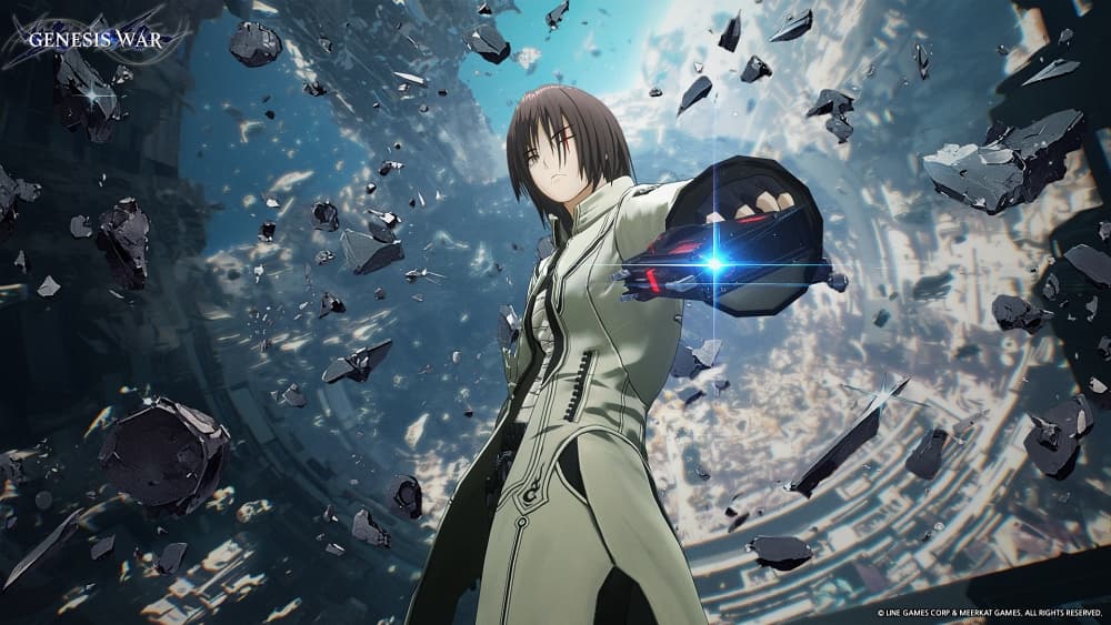 Heidelloon in a pale coat extends a dark device emitting blue light, surrounded by floating rubble.